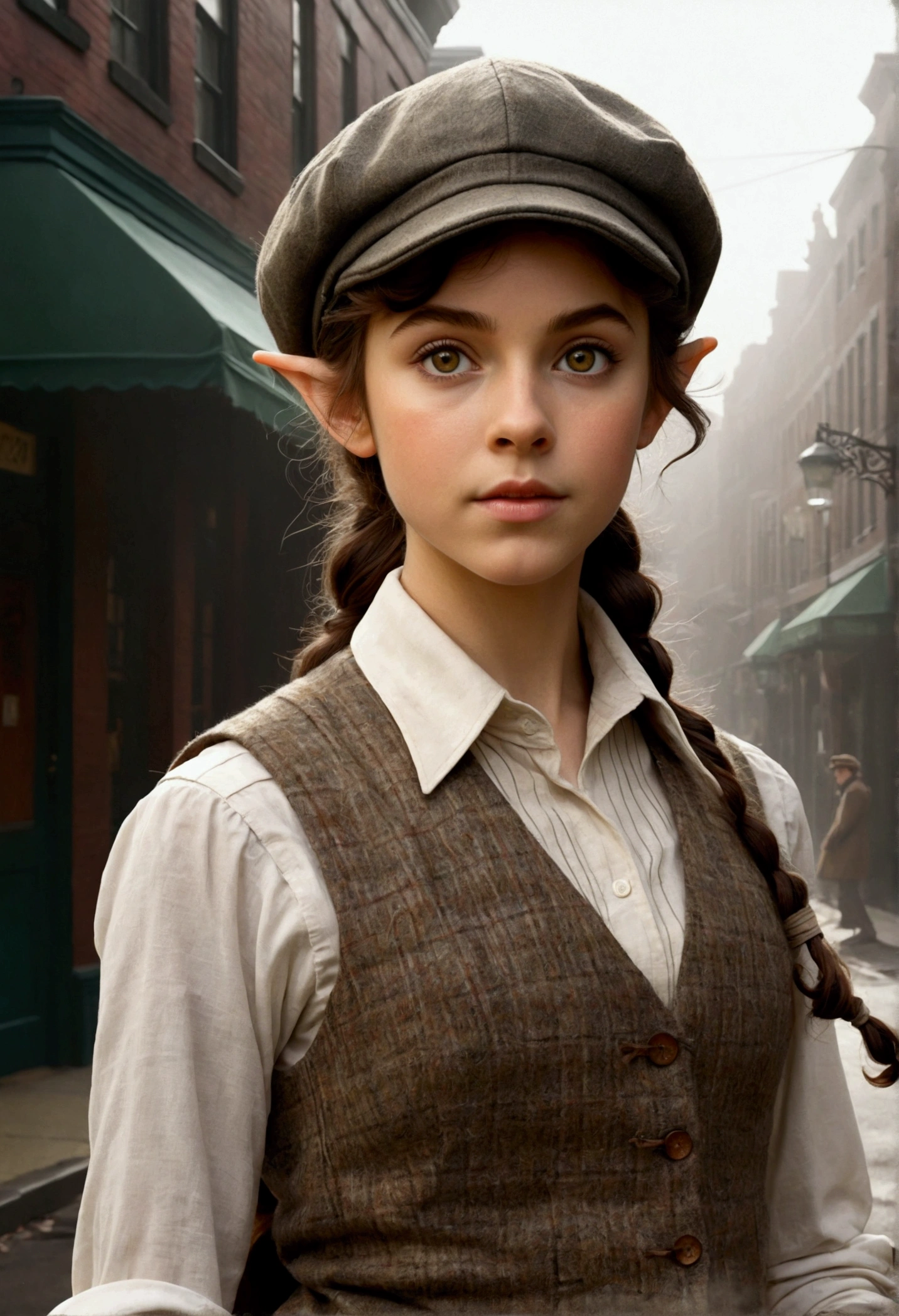 An illustrated movie poster, hand-drawn, full color, a teenage elven girl, wearing a tweed vest and a newsie cap, athletic hourglass figure, long pointy elf ears, amber eyes, dark hair, curly ponytail, deep sun-tanned skintone, standing on a foggy victorian-era street corner, graphite shading, stencil marks, airbrushed acrylic paint, masterpiece, in the style of the Sherlock Holmes, elf ears