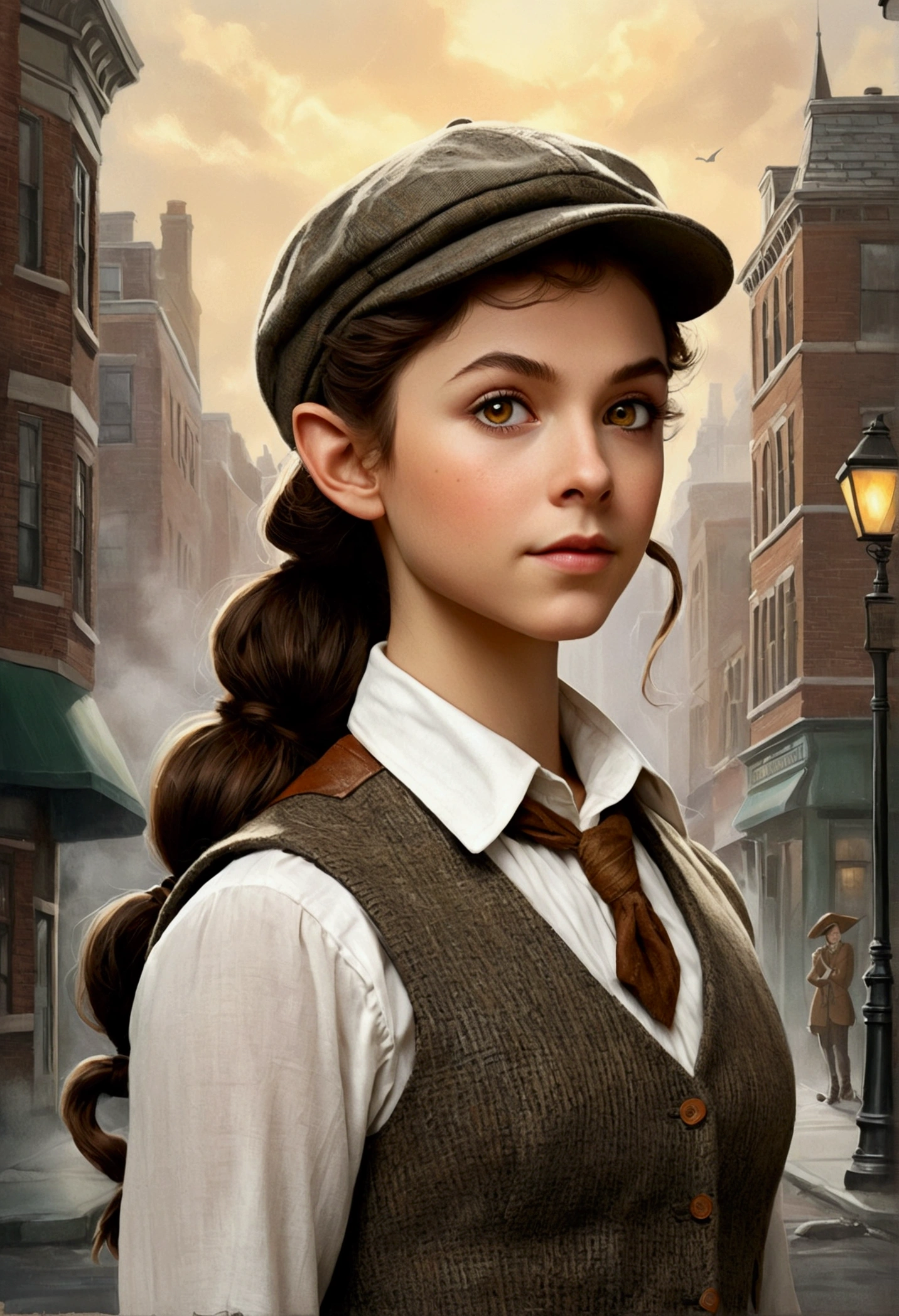 An illustrated movie poster, hand-drawn, full color, a teenage elven girl, wearing a tweed vest and a newsie cap, athletic hourglass figure, long pointy elf ears, amber eyes, dark hair, curly ponytail, deep sun-tanned skintone, standing on a foggy victorian-era street corner, graphite shading, stencil marks, airbrushed acrylic paint, masterpiece, in the style of the Sherlock Holmes, elf ears