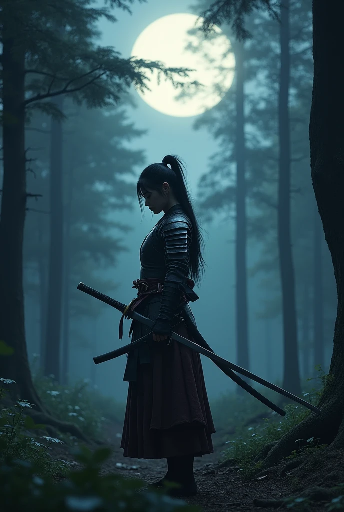 Create an image of a samurai, holding a katana in her hand, head down, with dew falling at night and a dark forest in the background.