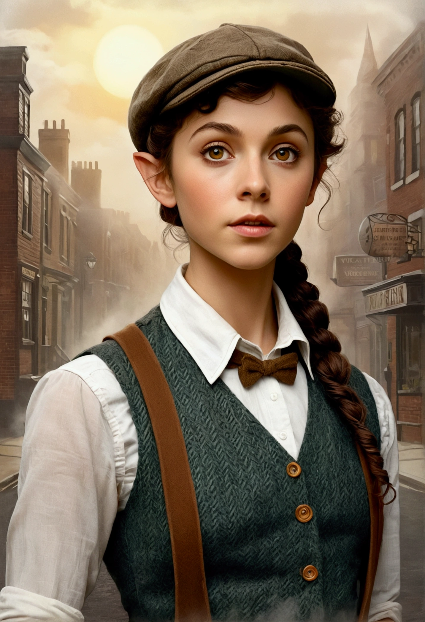 An illustrated movie poster, hand-drawn, full color, a teenage elven girl, wearing a tweed vest and a newsie cap, athletic hourglass figure, long pointy elf ears, amber eyes, dark hair, curly ponytail, deep sun-tanned skintone, standing on a foggy victorian-era street corner, graphite shading, stencil marks, airbrushed acrylic paint, masterpiece, in the style of the Sherlock Holmes, elf ears