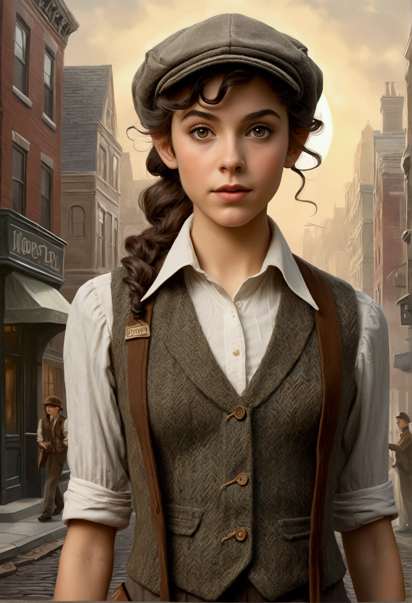 An illustrated movie poster, hand-drawn, full color, a teenage elven girl, wearing a tweed vest and a newsie cap, athletic hourglass figure, long pointy elf ears, amber eyes, dark hair, curly ponytail, deep sun-tanned skintone, standing on a foggy victorian-era street corner, graphite shading, stencil marks, airbrushed acrylic paint, masterpiece, in the style of the Sherlock Holmes, elf ears