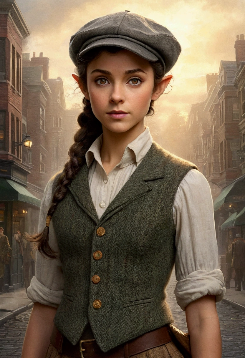 An illustrated movie poster, hand-drawn, full color, a age elven girl, wearing a tweed vest and a newsie cap, athletic hourglass figure, long pointy elf ears, amber eyes, dark hair, curly ponytail, deep sun-tanned skintone, standing on a foggy victorian-era street corner, graphite shading, stencil marks, airbrushed acrylic paint, masterpiece, in the style of the Sherlock Holmes, elf ears