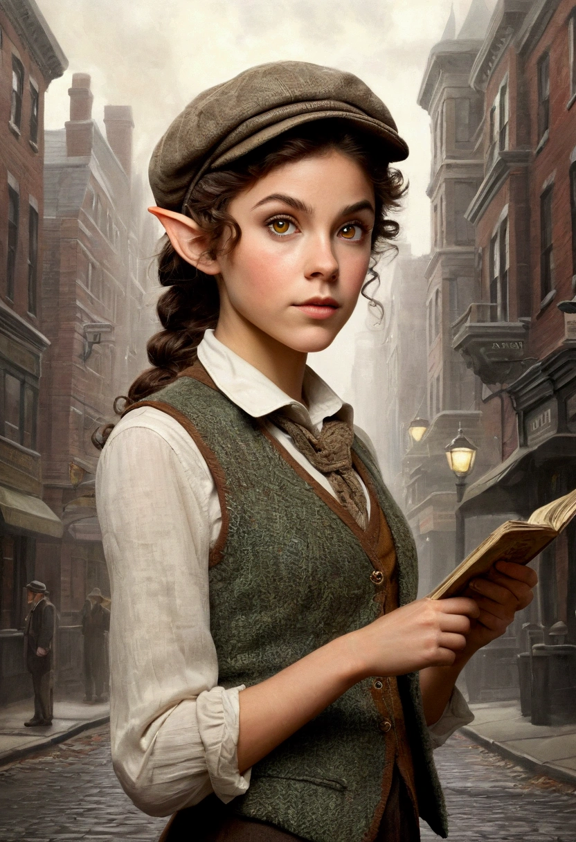 An illustrated movie poster, hand-drawn, full color, a teenage elven girl, wearing a tweed vest and a newsie cap, athletic hourglass figure, long pointy elf ears, amber eyes, dark hair, curly ponytail, deep sun-tanned skintone, standing on a foggy victorian-era street corner, graphite shading, stencil marks, airbrushed acrylic paint, masterpiece, in the style of the Sherlock Holmes, elf ears