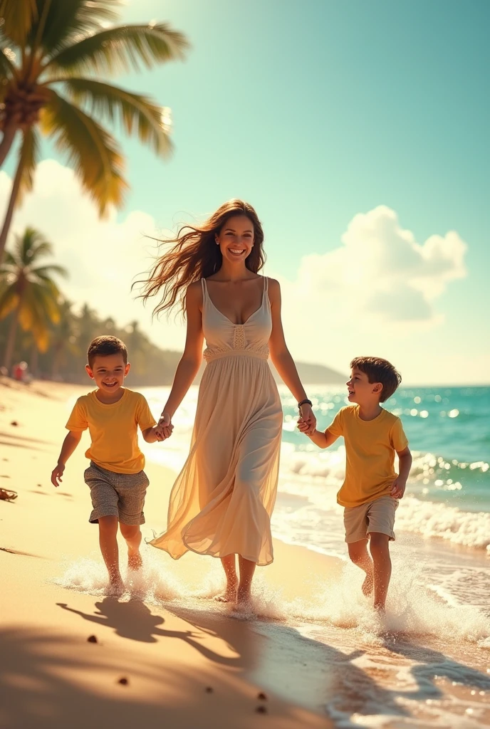 Create me a picture of a family consisting of a mother and two sons playing on the beach