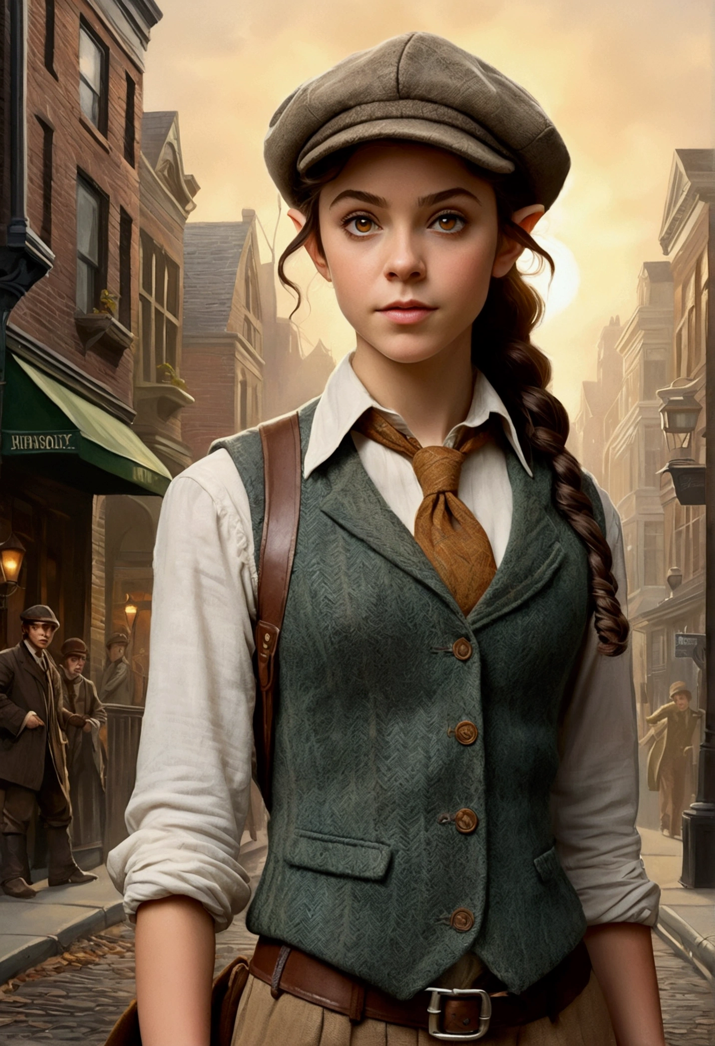 An illustrated movie poster, hand-drawn, full color, a age elven girl, wearing a tweed vest and a newsie cap, athletic hourglass figure, long pointy elf ears, amber eyes, dark hair, curly ponytail, deep sun-tanned skintone, standing on a foggy victorian-era street corner, graphite shading, stencil marks, airbrushed acrylic paint, masterpiece, in the style of the Sherlock Holmes, elf ears
