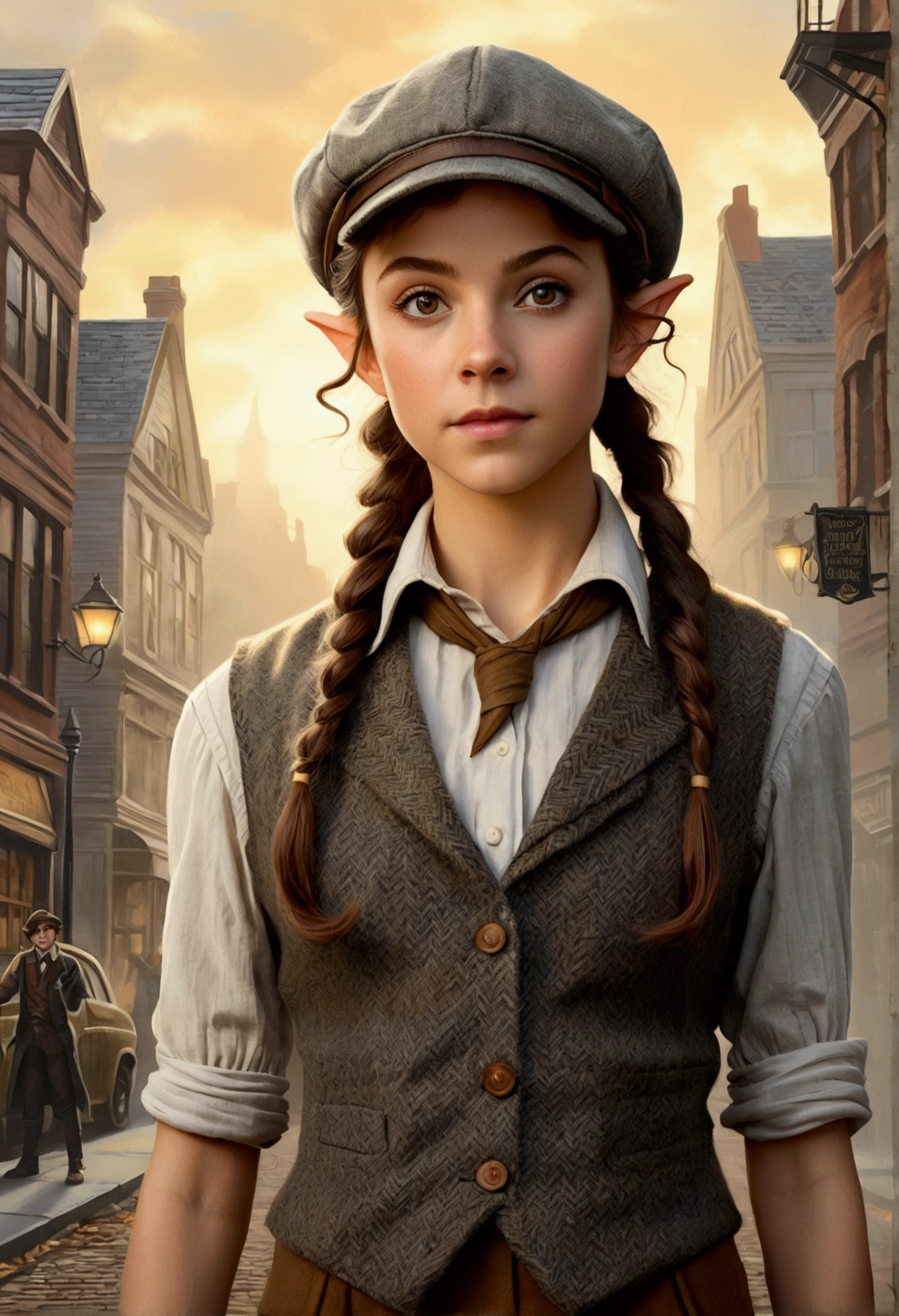 An illustrated movie poster, hand-drawn, full color, a teenage elven girl, wearing a tweed vest and a newsie cap, athletic hourglass figure, long pointy elf ears, amber eyes, dark hair, curly ponytail, deep sun-tanned skintone, standing on a foggy victorian-era street corner, graphite shading, stencil marks, airbrushed acrylic paint, masterpiece, in the style of the Sherlock Holmes, elf ears