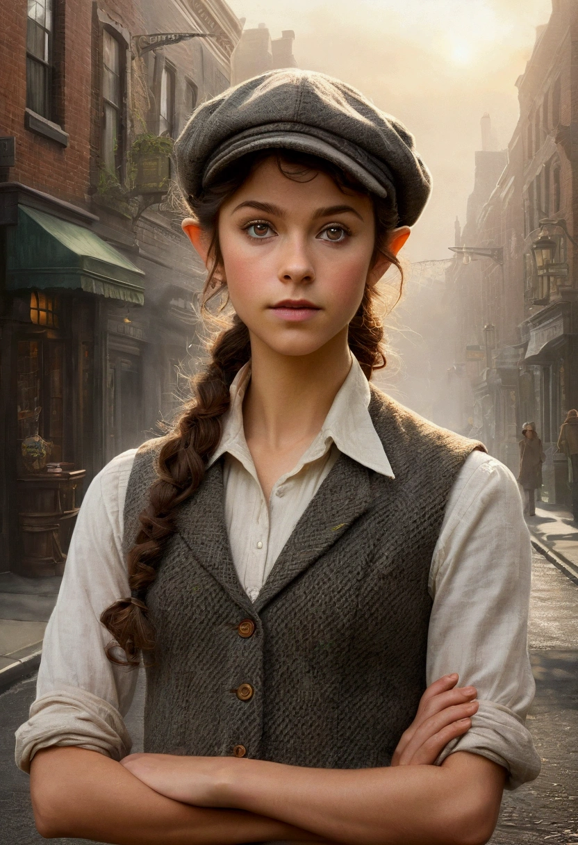An illustrated movie poster, hand-drawn, full color, a teenage elven girl, wearing a tweed vest and a newsie cap, athletic hourglass figure, long pointy elf ears, amber eyes, dark hair, curly ponytail, deep sun-tanned skintone, standing on a foggy victorian-era street corner, graphite shading, stencil marks, airbrushed acrylic paint, masterpiece, in the style of the Sherlock Holmes, elf ears