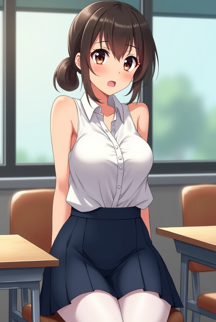 Highest quality、High resolution、Detailed Background、(Beautiful face in every detail:1.4)、Anatomically correct、Highly detailed face、Detailed eyes、 anime girls、Huge breasts、Perfect body line、Bobcut、ponytail、cute髪型、Attractive upper arms、Excited、Crying face、Blushing、Accentuate your armpits、Show your shoulders and arms、Accentuate your cleavage、
(Woman posing with exposed armpits and looking at camera with embarrassed expression:1.5)、(Her white sleeveless blouse is so big that the buttons are about to come off and rip.:1.5)、Sitting at a desk in a school classroom、Navy blue pleated mini skirt、White Pantyhose、Panty Shot、cute