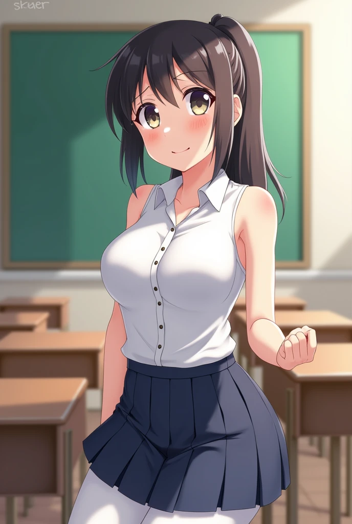 Highest quality、High resolution、Detailed Background、(Beautiful face in every detail:1.4)、Anatomically correct、Highly detailed face、Detailed eyes、 anime girls、Huge 、Perfect body line、Bobcut、ponytail、cute髪型、Attractive upper arms、Excited、Crying face、Blushing、Accentuate your armpits、Show your shoulders and arms、Accentuate your cleavagn posing with exposed armpits and looking at camera with embarrassed expression:1.5)、(Her white sleeveless blouse is so big that the buttons are aboo come off and rip.:1.5)、Sitting at a des a school classroom、Navy blue pleated mini skirt、White Pantyhose、Panty Shot、cu
