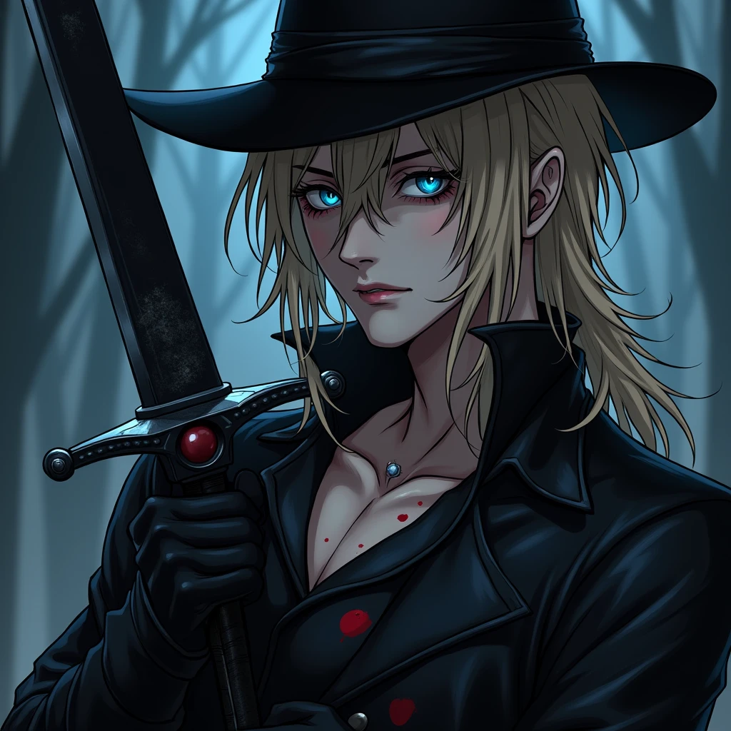 a male, with long dirty blonde hair, Blue eyes, long lashes, delicate features, spooky makeup, a black hat, black gloves, and sexy black clothes. a long sword in hand. blood splatter. Absolute God.  Mysterious. midnight. Anime style. Sexy. Smirking mischievously. Red lips. Black eyeliner. With lip ring piercing.Very tight clothes. Shiny. Leather. Dark. (((masterpiece)) ((pretty well drawn)) ((attractive features)) (excellent quality) ((lip ring piercing) A black hat. Black earrings. Necklace. Sexy. Glowing colors. (Sexy pose) ((Hot male)) Ring lip piercing. Long black leather boots. Long black swaying coat. (Close to camera)