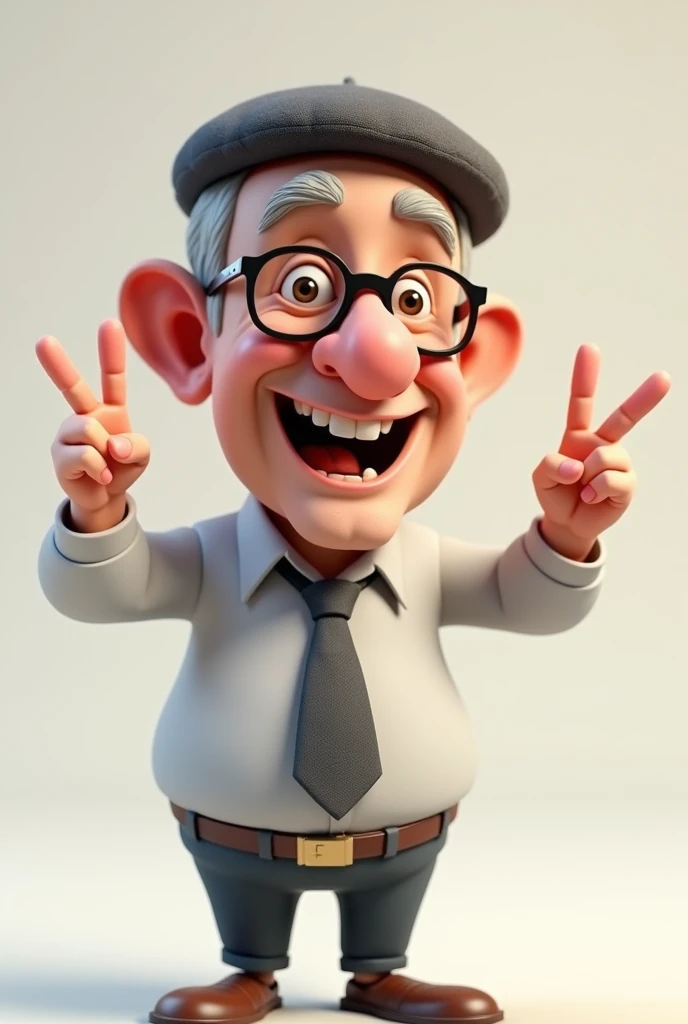 A 3D drawing of a 50-year-old man in a formal shirt, glasses and a beret, smiling broadly, a little chubby and more caricatured with hands raised in victory sign
