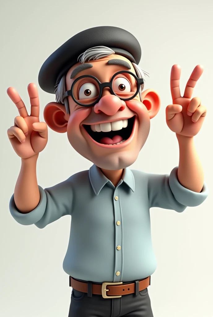 A 3D drawing of a 50-year-old man in a formal shirt, glasses and a beret, smiling broadly, a little chubby and more caricatured with hands raised in victory sign
