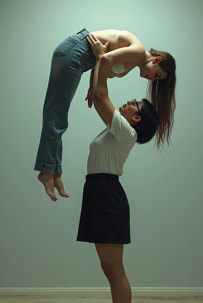 Create a photo of a age girl, obese, did, with black and dark skin, with short hair wearing a white shirt and black skirt and glasses, lifting the body of a 30-year-old woman from the ground by the waist and lifting it high into the air, with light white skin, long brown hair, slim body, without a bra with bare breasts and wearing jeans