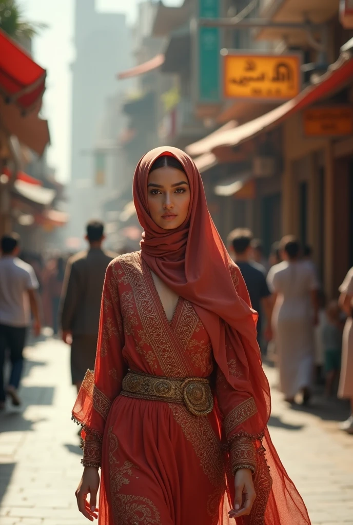 A beautiful Arabic women walking on street wearing Hijab. DSLR Realistic