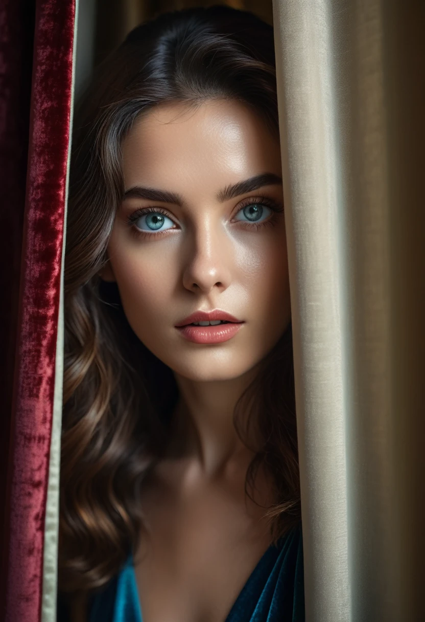 RAW photo, beautiful eyes, masterpiece, peeking out from behind the curtains, colorful details, award-winning, high detail, 8 K, daylight, analog film, detailed skin, stunning composition, complex parts, subsurface scattering, velvet hair, amazing textures, cinematic, chiaroscuro, soft light