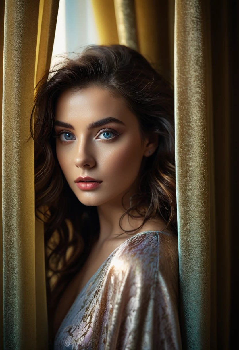 RAW photo, beautiful eyes, masterpiece, peeking out from behind the curtains, colorful details, award-winning, high detail, 8 K, daylight, analog film, detailed skin, stunning composition, complex parts, subsurface scattering, velvet hair, amazing textures, cinematic, chiaroscuro, soft light