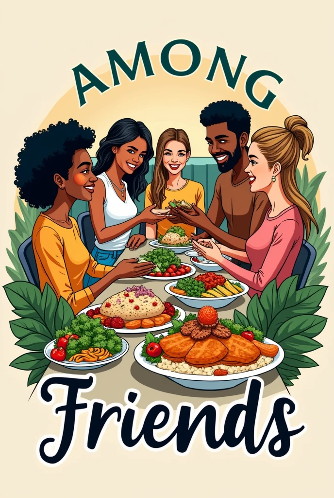 a restaurant logo with the name of among friends with a drawing of vegan food