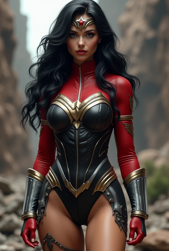 (((Midjourney A beautiful American woman with light eyes and long black hair wearing a black leather jumpsuit with tiny scales red sleeves coming off her arms red boots with gold trim and white stripe down the middle long silver metal bracelets fitted to her wrists black Wonder Woman corset over the jumpsuit silver metal diaema with a red star on her forehead jumpsuit with lots of tiny stars on the suit heavyset woman muscles in her arms and legs fitness woman)))