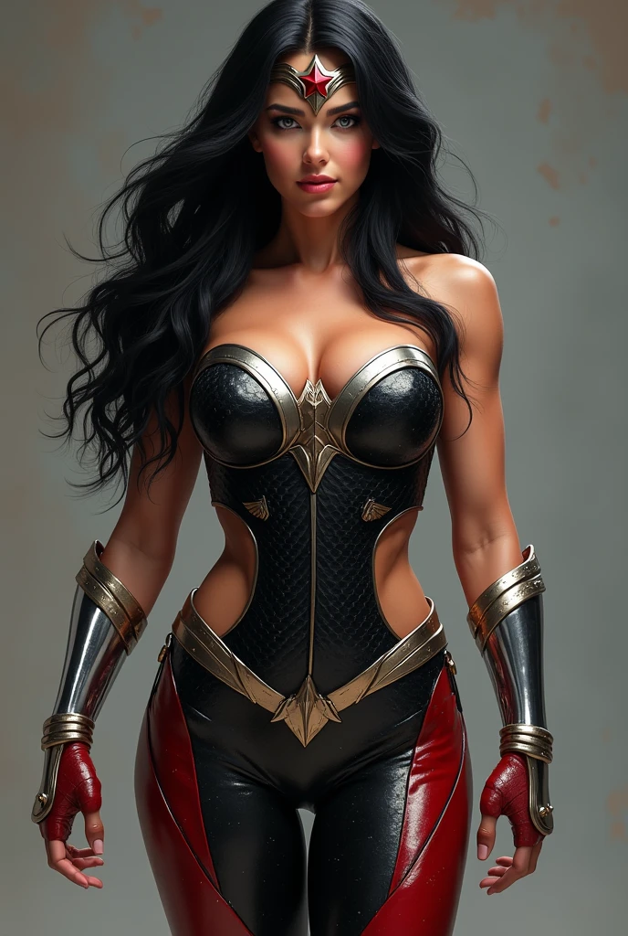 (((Midjourney A beautiful American woman with light eyes and long black hair wearing a black leather jumpsuit with tiny scales red sleeves coming off her arms red boots with gold trim and white stripe down the middle long silver metal bracelets fitted to her wrists black Wonder Woman corset over the jumpsuit silver metal diaema with a red star on her forehead jumpsuit with lots of tiny stars on the suit heavyset woman muscles in her arms and legs fitness woman)))