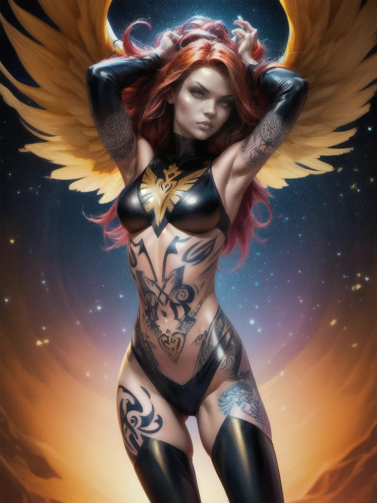 1girl, solo, Jean Grey of X-men, high leg unitard of black and gold, boob window in unitard, ((small bust)), ((thighs showing)), ((calf-high boots)), (color mandala tattoos on thighs:1.37), wings, floating in space, arms out in power pose, contrapposto stance, dramatically colorful cosmic background, moody lighting, 16k, best quality, masterpiece, (wide angle:1.27), full length portrait