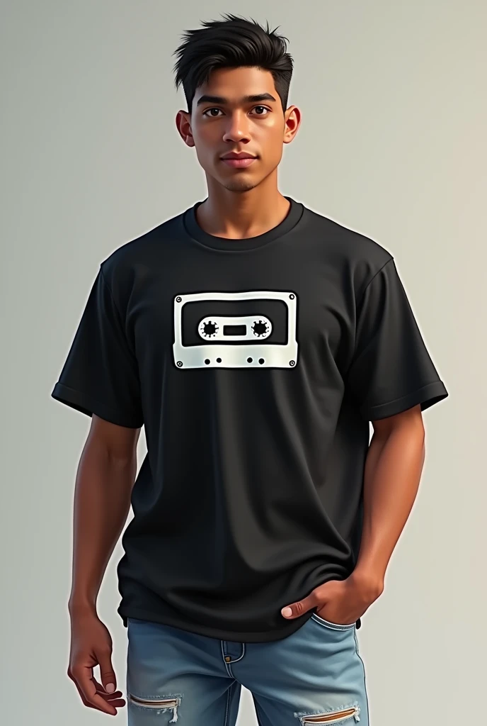 1024x1792",
"A digital character resembling the young man in the provided photo. The character has light brown skin, short black hair, and is wearing a black t-shirt with a white cassette tape graphic on the front. He also has light blue distressed jeans. The character should have similar facial features, hairstyle, and body type as seen in the photo. The setting is neutral, with a focus on the character's appearance, creating a casual and confident look."
}