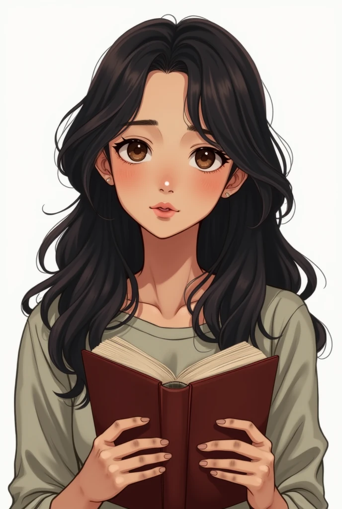 Generate images of my character with the main features, long, wavy black hair, brunette skin, Round face, dark brown eyes, and holding a book, a pele deve ser morena Round face com o fundo branco , the character MUST NOT BE ASIAN