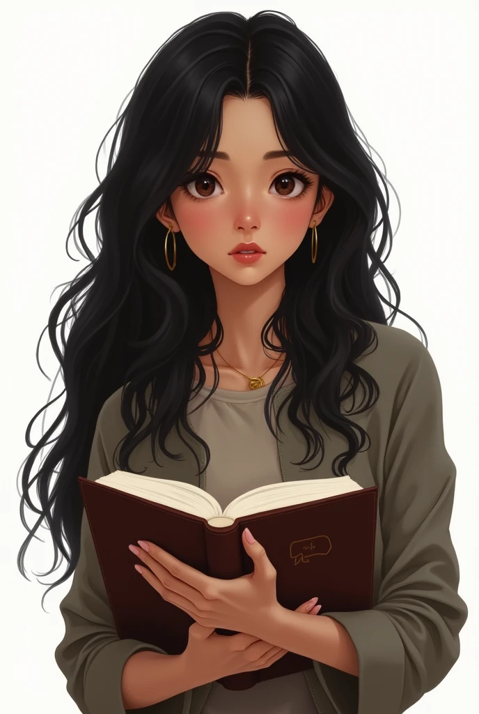 Generate images of my character with the main features, long, wavy black hair, brunette skin, Round face, dark brown eyes, and holding a book, a pele deve ser morena Round face com o fundo branco , the character MUST NOT BE ASIAN