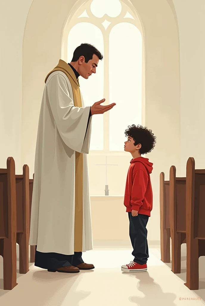 Very simple drawing of a priest leaving aside a boy with curly hair and a red sweatshirt inside a church, that the child is in a corner of the church