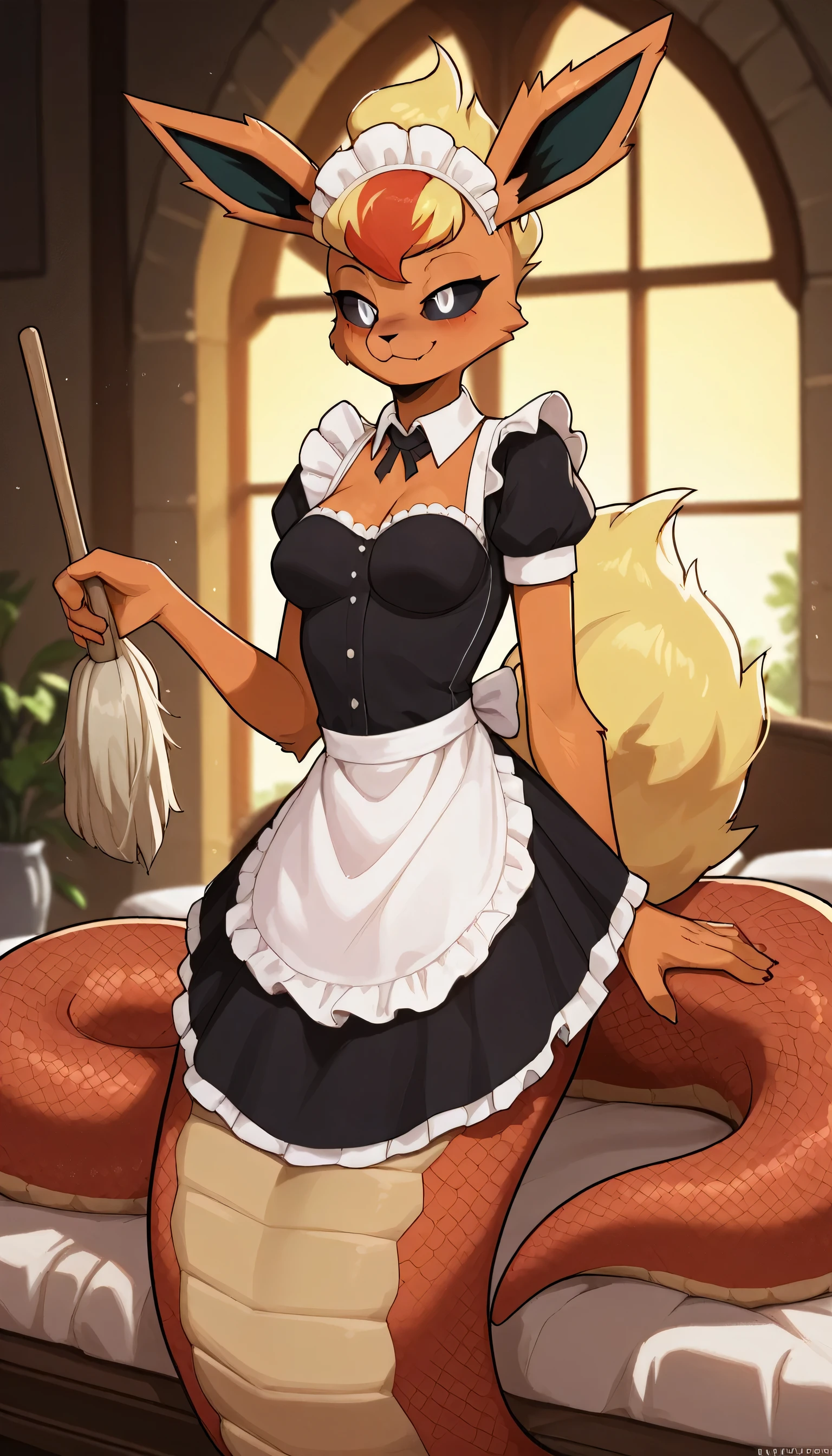 Excited expression, 1girl, anthro, furry, fur, fluffy fur, flareon girl, yellow hair (red highlights), black sclera, white eyes, short hair, Messy hair, (19 years), medium breast, thicc thighs, solo, (bedroom, mansion), sunset, detailed, smug smile, maid outfit, cleaning, score_9, score_8_up, score_7_up, score_6_up, score_5_up, score_4_up, spotted lamia, sitting