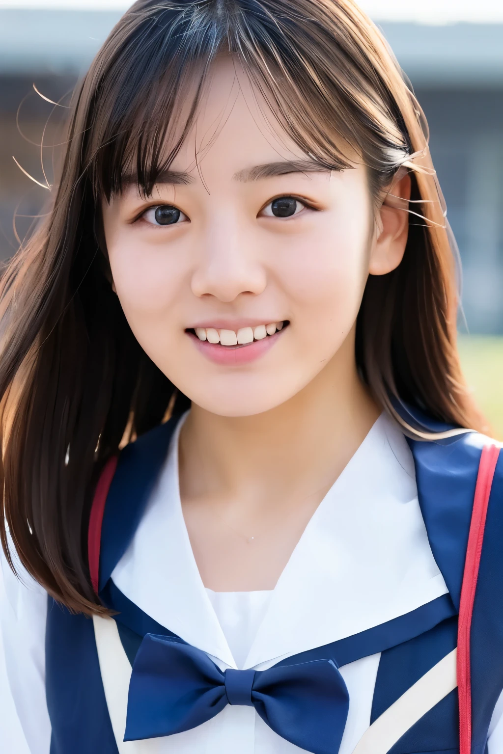 (Raw photo:1.2), (Photorealistic:1.4), Sailor suit, A young Japanese woman, Calm expression, Gently glance over, Long black hair, having a modest smile, detailed face, detailed eyes, Running with her skirt fluttering, Background is a school hallway, 10 second video