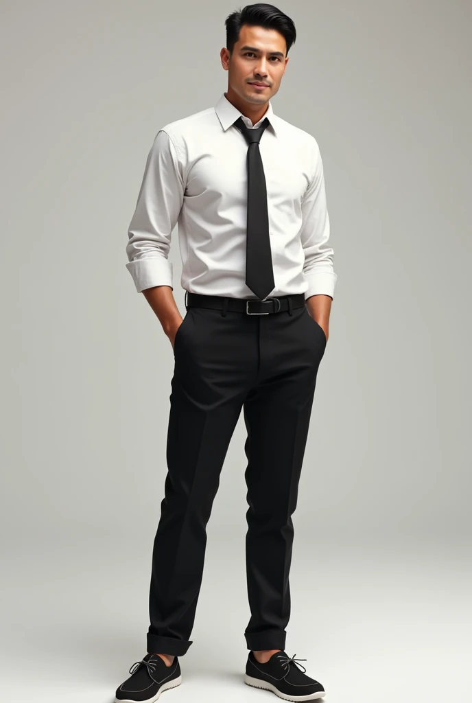 tall mestizo man with short hair dressed in black pants, white shirt and black tie, wearing Casual Derby Shoe with Skechers Slip-On with white sole and heel