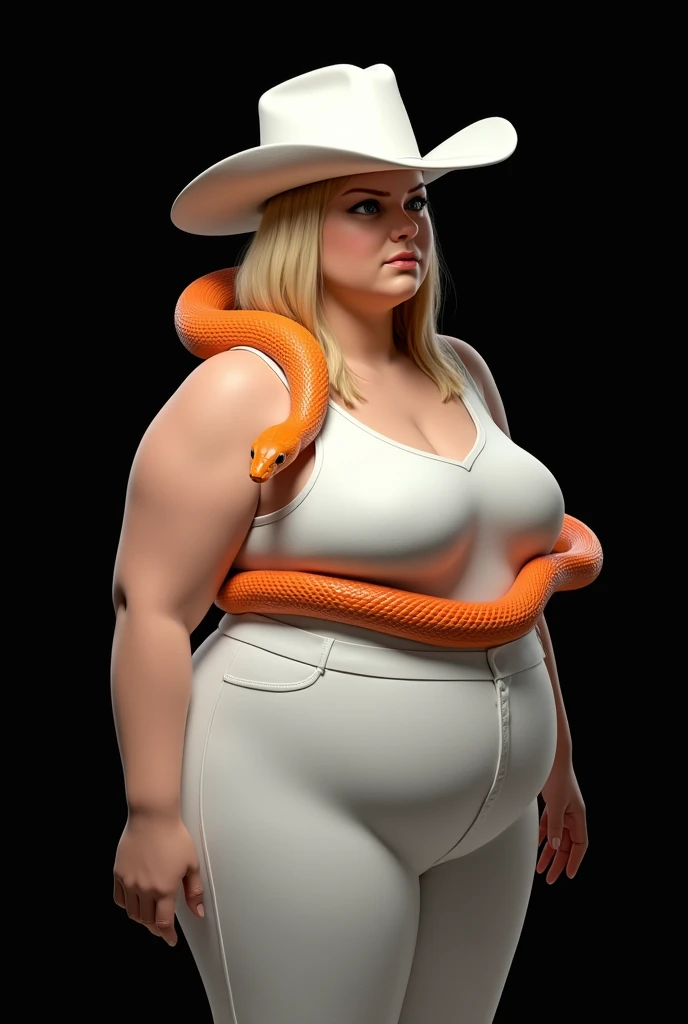 realistic image, blonde woman, in clothes, back, chubby, looking forward, white cowboy hat, black background, orange snake, snake wrapped around woman's neck, 4K image