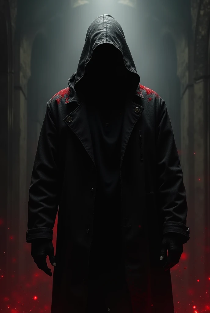 I want a picture of a mysterious man only in black and red wearing a jacket His face is completely hidden I want a picture with a bit of a scary vibe 