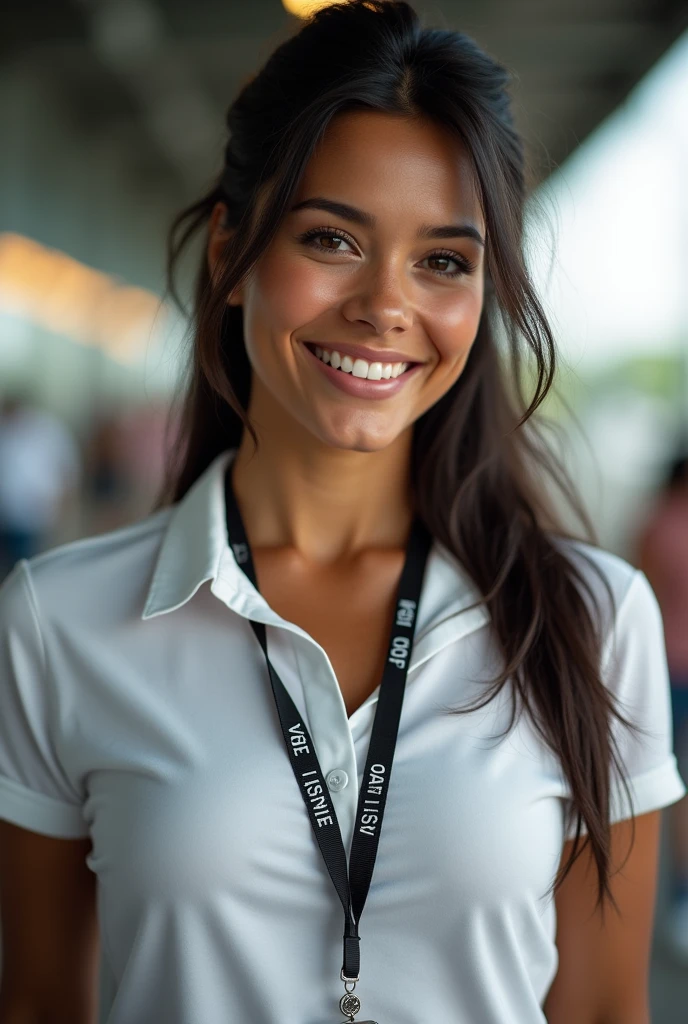 (photorealism: 1.2), hot brazilian sexy girl in sexy dynamic pose. raw portrait photography, hyper realistic and detailed face, complex and realistic skin texture, hot body, athletic body, smiling, long black hair tied up, receptionist in white work polo shirt welcoming travelers with a badge around his neck