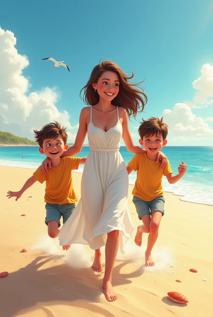 Create me a picture of a family consisting of a mother and two sons playing on the beach, this family and big