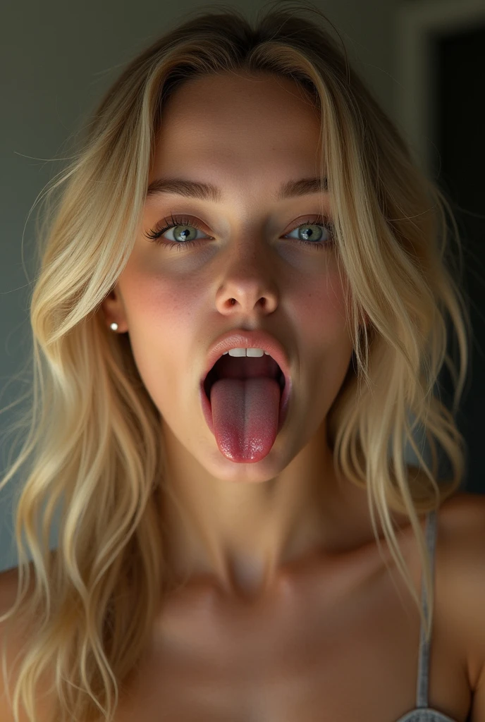 Hot teen with long blonde hair is sticking her tongue out and drooling