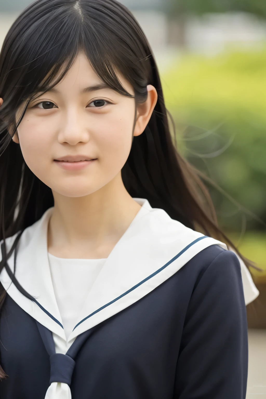 (Raw photo:1.2), (Photorealistic:1.4), Sailor suit, A young Japanese woman, Calm expression, Gently glance over, Long black hair, Running with her skirt fluttering, having a modest smile, detailed face, detailed eyes, Background is a school hallway, 10 second video