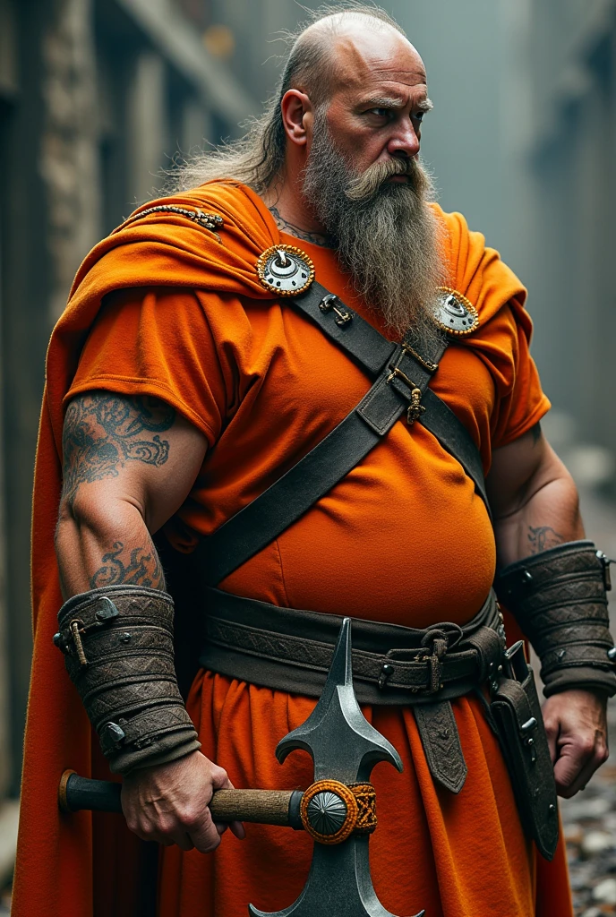 A photo of a Viking dressed in orange holding an axe with orange details on the shoulder, profile photo showing only the chest up