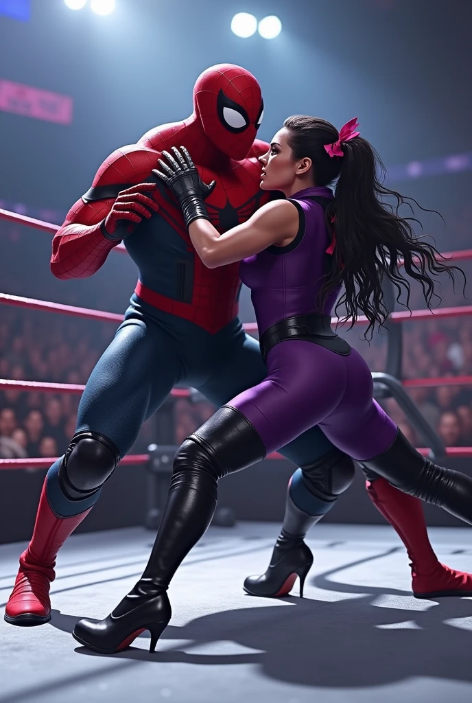 Spider man in un match di WWE che è sopra il corpo di psylocke(Olivia munn)che quindi spider man sta dominando il match 