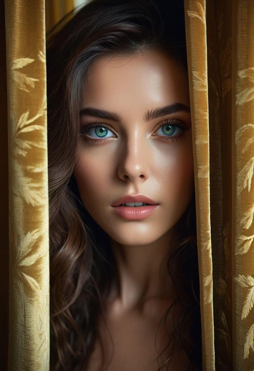 RAW photo, beautiful eyes, masterpiece, peeking out from behind the curtains, colorful details, award-winning, high detail, 8 K, daylight, analog film, detailed skin, stunning composition, complex parts, subsurface scattering, velvet hair, amazing textures, cinematic, chiaroscuro, soft light