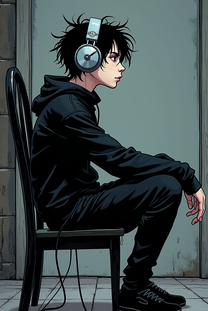 A gothic boy illustrated in a comic book style, with bold lines and dark, moody colors, sitting in profile on a chair, full body. The boy has pale skin, dark, messy hair, and is dressed in a black outfit with silver accessories, wearing large headphones over his ears. His body turned sideways, face up