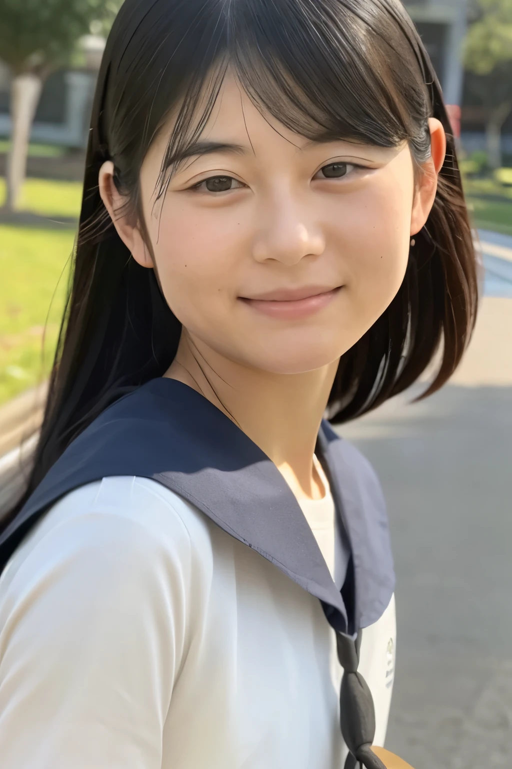 (Raw photo:1.2), (Photorealistic:1.4), Sailor suit, A young Japanese woman, Calm expression, Gently glance over, Long black hair, Running with her skirt fluttering, having a modest smile, detailed face, detailed eyes, Background is a school hallway, 10 second video