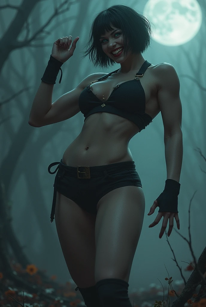 Undead vampire gothic girl with short dark hair and blue eyes, Big big butts, muscular, super whores, Waders, BBW lifts giant truck over her head laughing with fangs