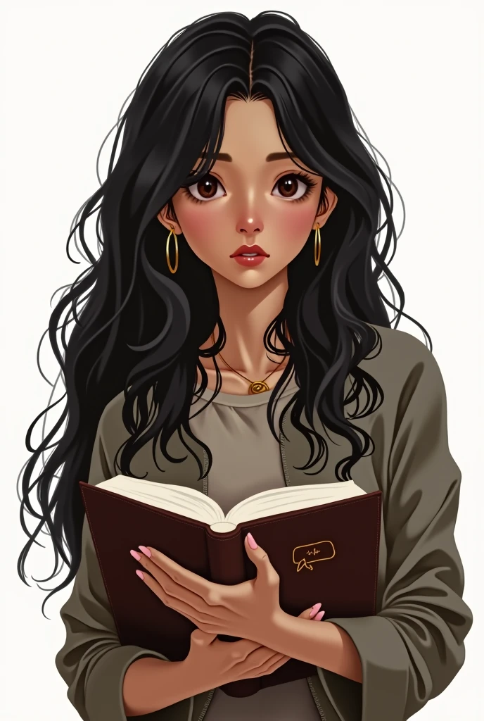Generate images of my character with the main features, long, wavy black hair, brunette skin, Round face, dark brown eyes, and holding a book, a pele deve ser morena Round face com o fundo branco , the character MUST NOT BE ASIAN