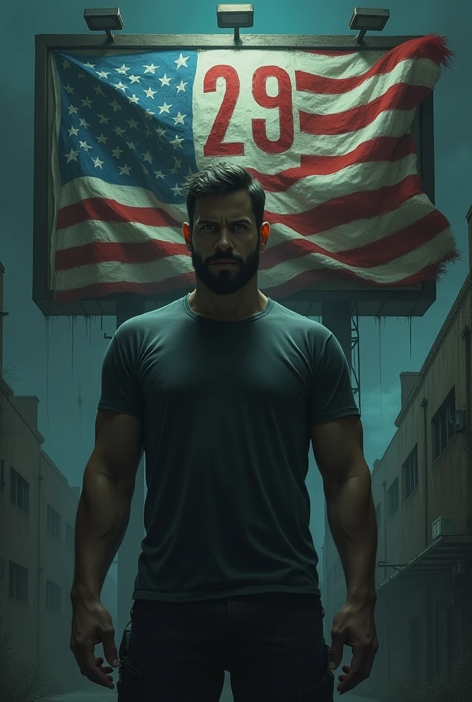 "The man from America " billboard August 29th horror with a man with a flag behind him fear