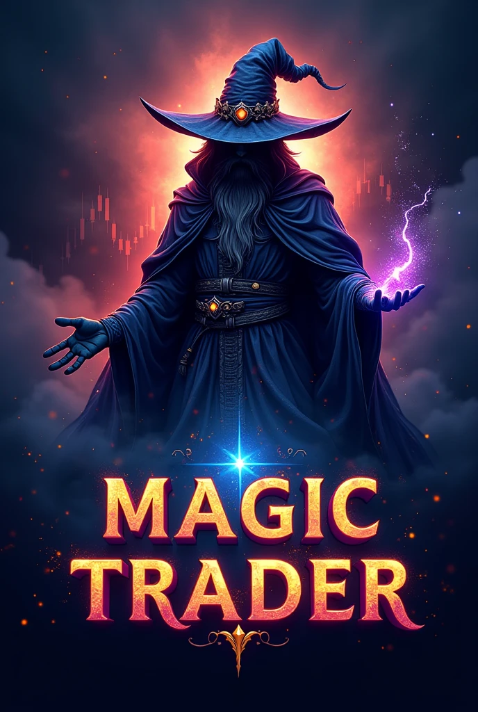 Create trading channel logo name “ Magic Trader “ with background of trading chart include a magic men in it with tect “ Magic Trader “ add text on it Magic Trader more like this is size of 1*1