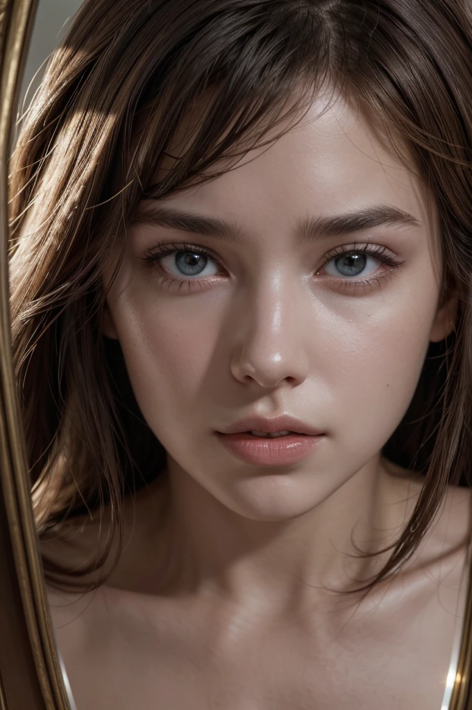 woman 20 years young, european, close up, ([emilia( :0)CLARKE|Nicole Aniston|dua( :0)lipA]:0.9), mirror reflection, Criticizing yourself, mirror, back, high resolution, high quality, high resolution, high definition, 4K, artwork, realistic,