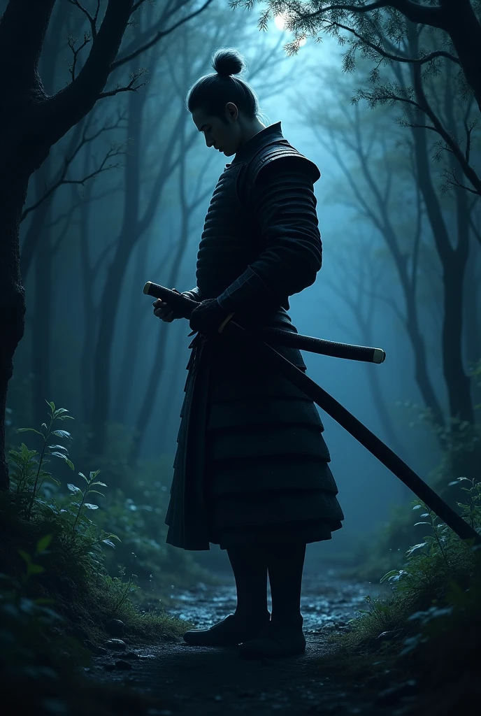 Create an image of a male samurai, holding a katana in her hand, head down, with dew falling at night and a dark forest in the background.