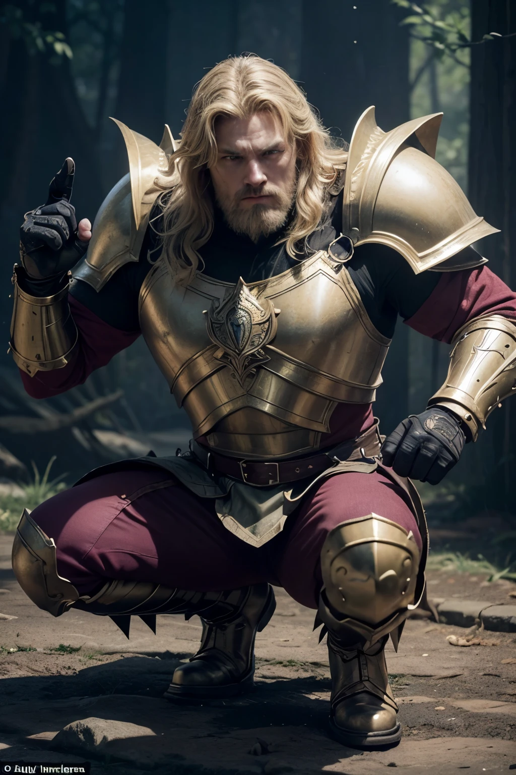Appearance: Sir Alaric is an imposing man, with about 1,90m high, and an athletic build. Your skin is tanned, marked by scars from past battles. He has blue-gray eyes that shine with determination and wisdom.. their hair, short and brown, are always well taken care of, but are often hidden under the helmet.

golden armour: The armor Sir Alaric wears was forged by the dwarves of the Underworld., made of legendary mithril gold, as strong as steel, but light as a feather. The armor covers your body completely, from the reinforced boots to the closed helmet, each piece carved with artisanal precision.

breastplate: The breastplate of the armor is adorned with the symbol of the winged lion., an emblem representing the divine strength that Sir Alaric calls upon in battle. This symbol glows with a slight bluish hue, as if imbued with magic.

Elmo: Sir Alaric&#39;s closed helmet is decorated with a crest made of phoenix feathers., that radiate a soft, golden light. The helmet&#39;s visor is stylized with features reminiscent of a lion&#39;s snout., giving Alaric an even more intimidating appearance. When the visor is open, you can only see their eyes, that seem to glow with an inner light.

shoulderpads: The shoulder pads of the armor are wide and curved, with tips that resemble dragon claws, adding an extra layer of protection. Each shoulder piece has detailed carvings of epic battle scenes, as if they were telling the story of Sir Alaric&#39;s ancestors.

Armbands and Gauntlets: The armbands are inlaid with small gemstones that sparkle softly, symbolizing the blessings of the gods. The handles are articulated, allowing perfect mobility, and have sharp claws on their fingers, that can be used in hand-to-hand combat.

leggings and boots: The leggings are designed with soft lines that accentuate the strength of your legs. The boots are reinforced with mithril soles and have spikes that help Alaric am