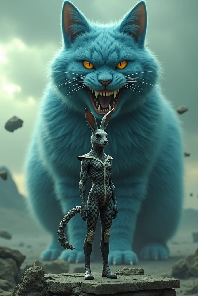 Surreal, fantasy-style digital artwork featuring a highly detailed, anatomically correct humanoid rabbit and a large, menacing blue cat in 4K resolution. The humanoid rabbit stands confidently on a platform, wearing a intricate, checkered black and white outfit with a long, fluffy tail and elongated ears. The rabbit's face is obscured by a mask, adding to the mysterious and eerie atmosphere. Behind the rabbit, the enormous blue cat with piercing yellow eyes and a wide, sinister grin dominates the background, showcasing its razor-sharp teeth and luxurious, detailed fur in shades of blue. The background consists of a cloudy sky with a greenish hue, and various floating debris, enhancing the chaotic and fantastical setting, created with exceptional skill and attention to detail, worthy of an award-winning masterpiece.